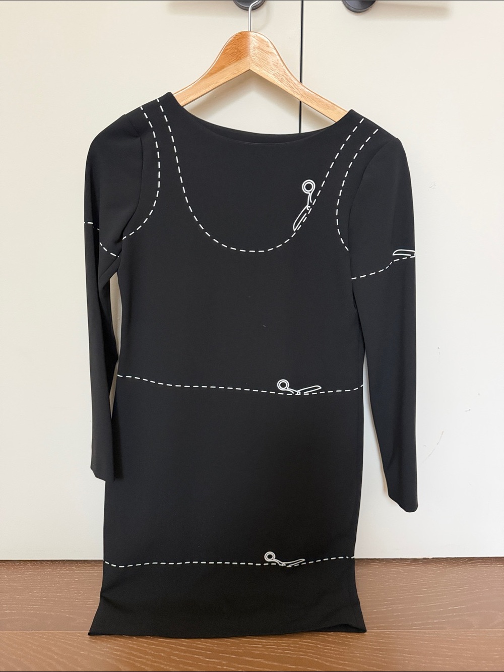 Moschino Black Long Sleeve Dress with White Stitch Print